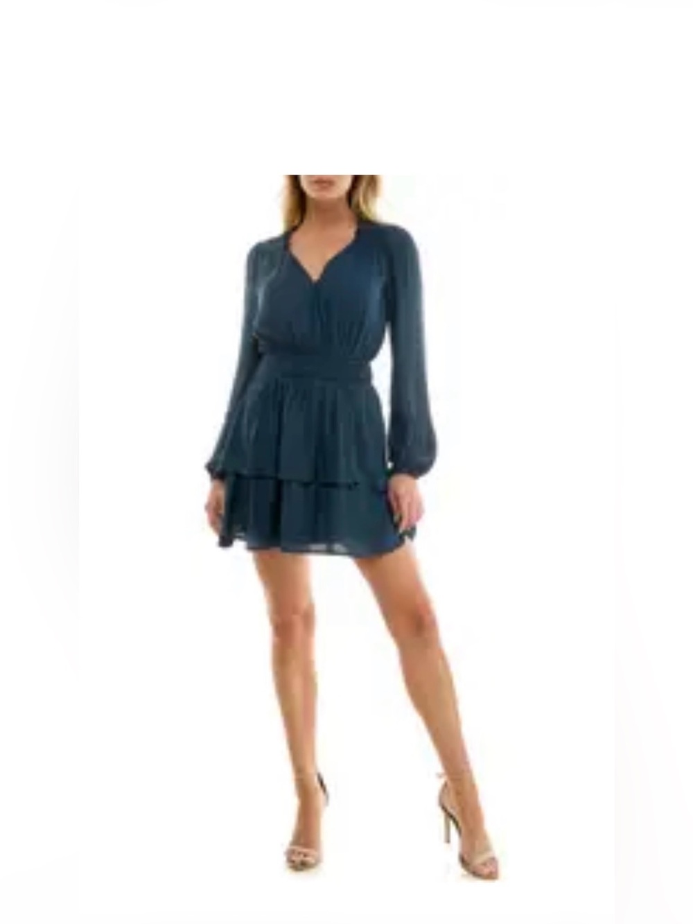 Socialite Tiered Long-Sleeve V-Neck Mini Dress in Deep Teal size Small